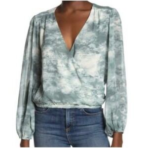ASTR The Label Anthropologie Faux Wrap Sage Green Tie Dye Chiffon Top,Size Large